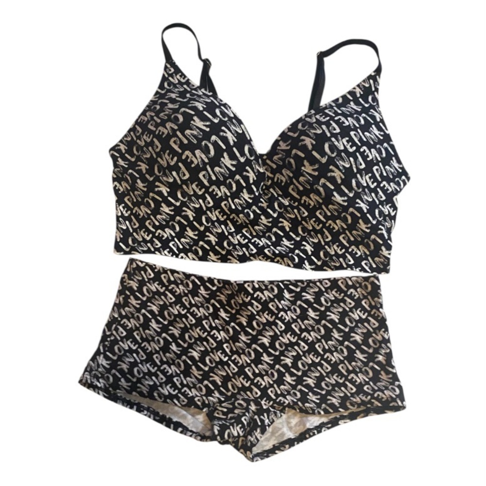 PINK Victoria's Secret Black and White Love Print Bra and Boyshorts Set